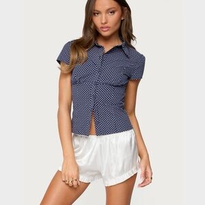 Edikted Polka Dot Tailored Button Up Shirt, Color: Navy, White, Size: Small, NWT
